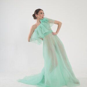 SHEER SOFT GREEN RUFFLE ONE SHOULDER FLOWING COUTURE DRESS